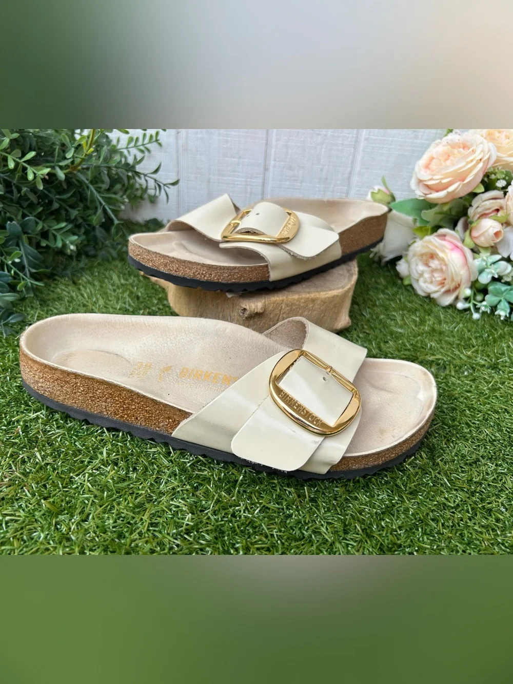 Birkenstock Madrid BIG buckle leather sandal High Shine Ecru 38US 7-7.5 gently